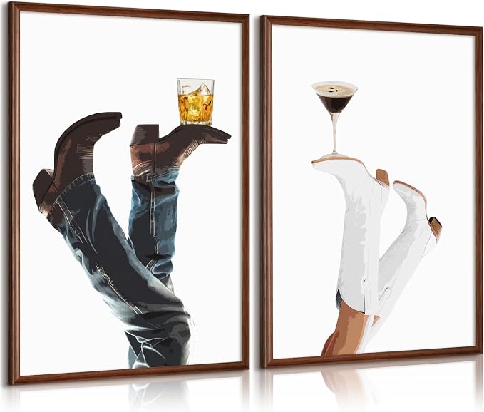 Cowgirl Wall Art Western Canvas Pictures Cowboy Boots Wall Decor Coastal Cowgirl Prints Retro Poster Trendy Preppy Pictures Martini Painting Artwork for Bedroom Living Room 16x24x2 Inch Unframed
