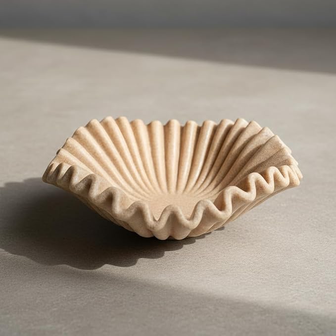 Large Decorative Handmade Bowl Decor , Modern Home Decoration, Fan Shaped Bowl, Ruffle Decor, Stylish Key Bowl for Entry Table, Decorative Fruit Bowl for Kitchen Counter, Artificial Stone Beige