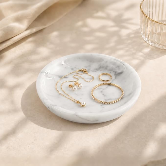 Small Natural Marble Jewelry Tray Key Plate Holder Dish Trinket Decor Catch All Bowl for Ring Earring Stone Gift for Women Daugther,Bianco Carrara White,5.5"