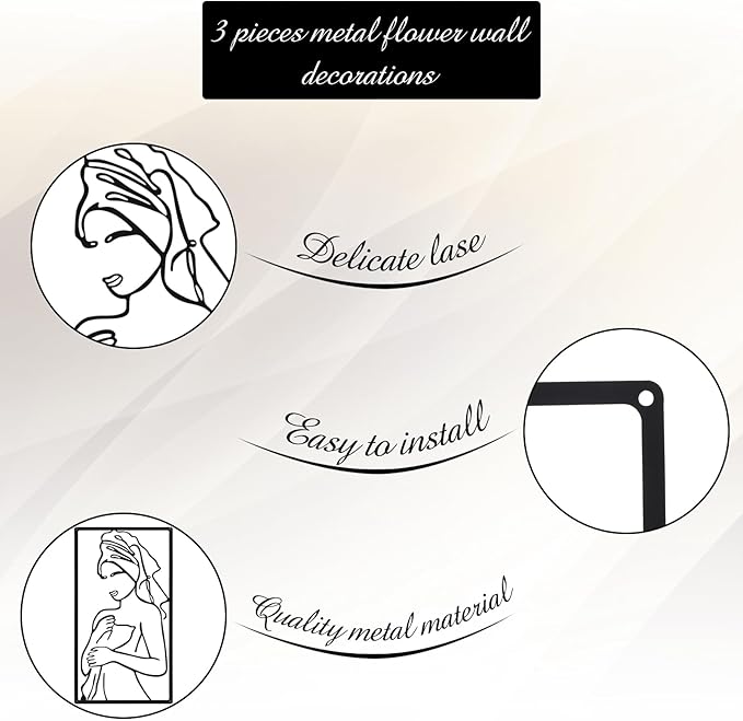 CHENGU 3 Pieces Metal Minimalist Abstract Woman Wall Art Line Drawing Wall Art Decor Single Line Female Home Hanging for Kitchen Bathroom Living Room