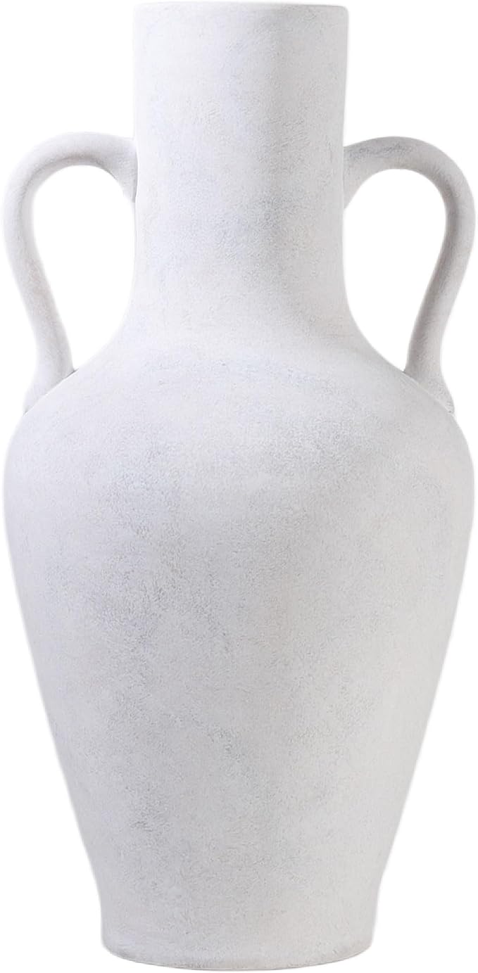 20.5in Tall Ceramic Floor Vase with Vintage Handles, White | Large Antique White Ceramic Floor Vase with Beige Speckles, Distressed Details and Vintage Handles for Rustic Home Decor