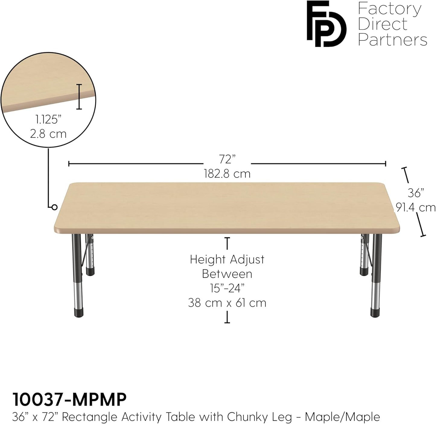FDP Rectangle Activity School and Classroom Kids Table (36 x 72 inch), Toddler Legs, Adjustable Height 15-24 inches - Maple Top and Maple Edge