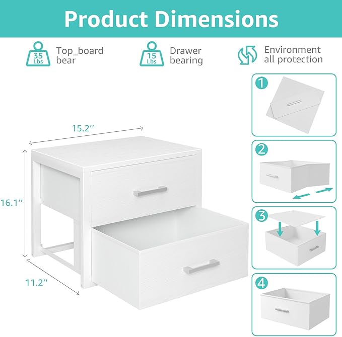 BOLUO Stackable Storage Drawers Closet Organizers and Storage Fabric White 2 Drawer Dresser for Bedroom Modern