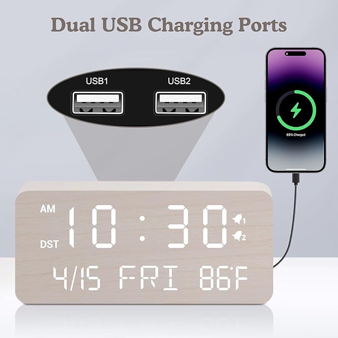 Andoolex Wooden Digital Alarm Clock with Wireless Charging, 0-100% Adjustable Brightness Dimmer and Alarm Volume, Weekday/Weekend Mode, Dual Alarm, Snooze, 12/24H, Wood LED Clock for Bedroom (White)