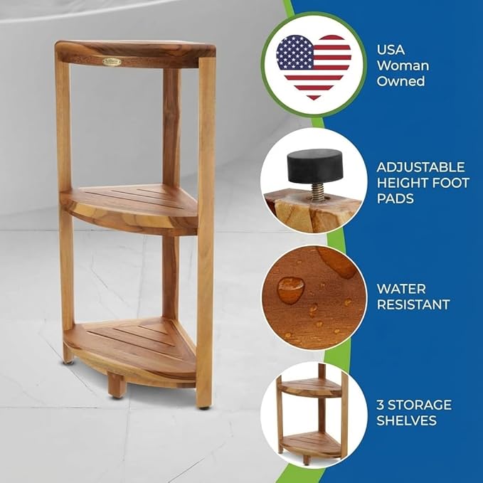 EcoDecors SnazzyCorner Natural Teak Corner Shower 3 Tier Shelf – Bathroom Organizer | Natural Wood Colors | Waterproof Teak Shower Caddy | Bathroom Storage & Organization | 33 Inches Tall