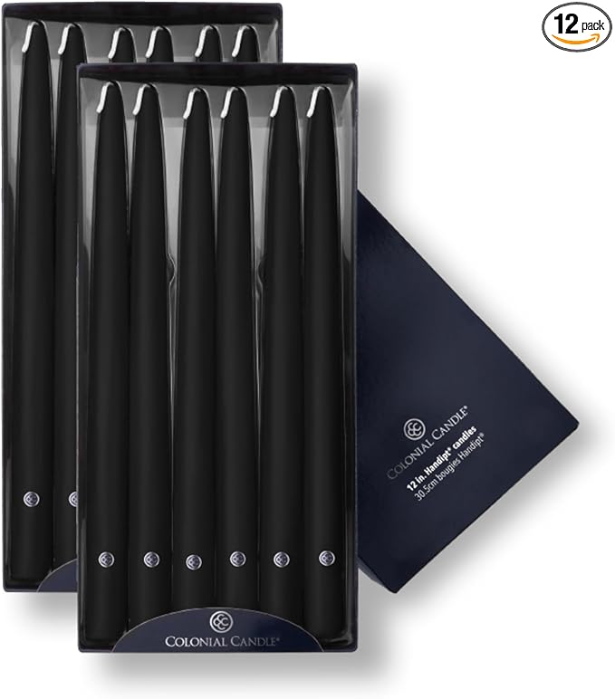 Colonial Candle Unscented Taper Candle, Handipt Collection, Black, 12 in, Pack of 12 - Up to 10 Hours Burn