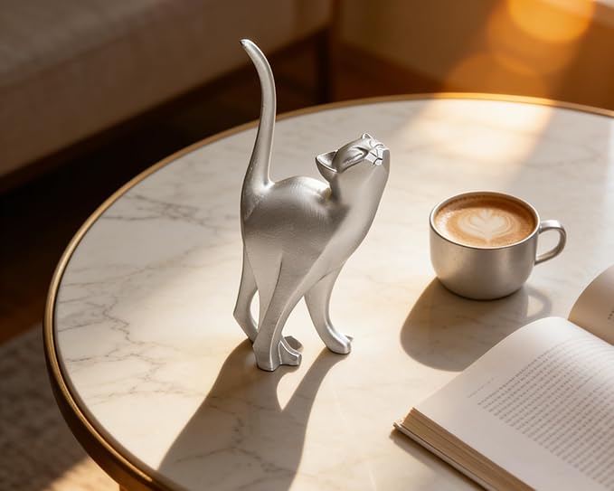 Silver Cat Statue Modern Abstract, Home Office Shelf Decor, 7-Inch Vibrant Assorted Colors, Easy to Match Any Decor Style