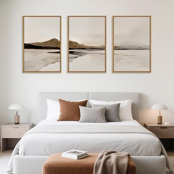 Netural Abstract Mountain Framed Canvas Wall Art Set, Nature Misty Lake Wall Decor,Modern Beige Grey Wall Painting, Minimalist Landscape Art Prints for Living Room,Bedroom,Office -24"X36"X3