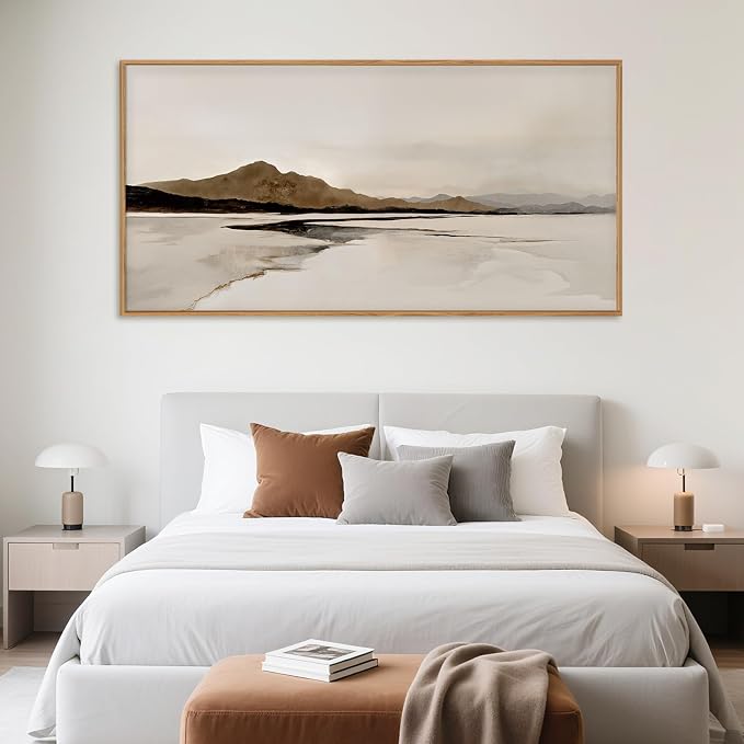 Netural Abstract Mountain Framed Canvas Wall Art Set, Nature Misty Lake Wall Decor,Modern Beige Grey Wall Painting, Minimalist Landscape Art Prints for Living Room,Bedroom,Office - 20"X40"X1