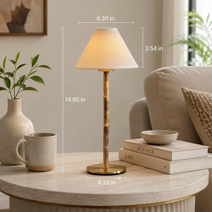Bamboo Cordless LED Table Lamp – Rechargeable 24-Hour Battery, Dimmable Warm Light, 15" Portable Wireless Lamp with Remote for Indoor/Outdoor Use, Home, Patio, Restaurant – Coastal White