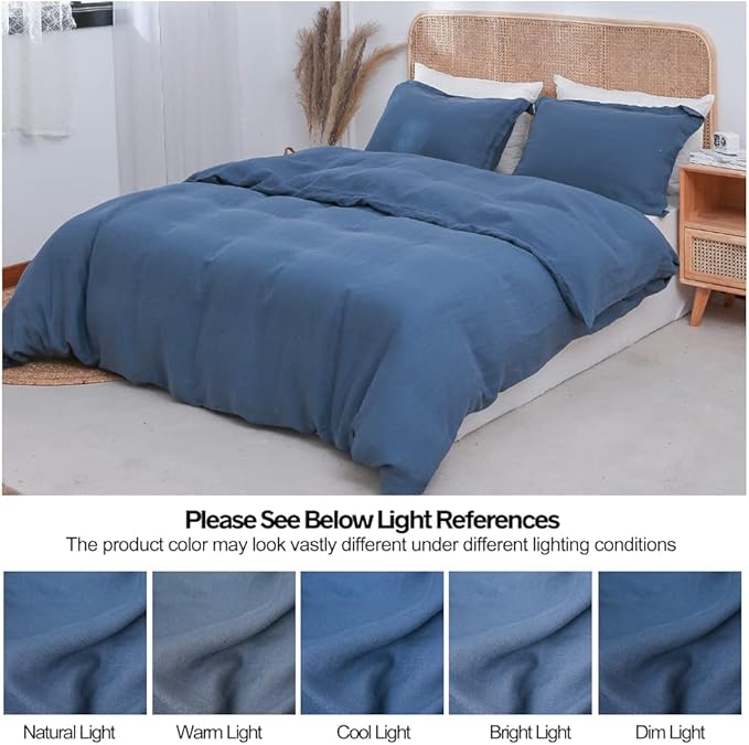 Simple&Opulence 100% Linen Duvet Cover Set 3pcs Basic Style Natural French Washed Flax Solid Color Soft Breathable Farmhouse Bedding with Button Closure - Classic Blue, King