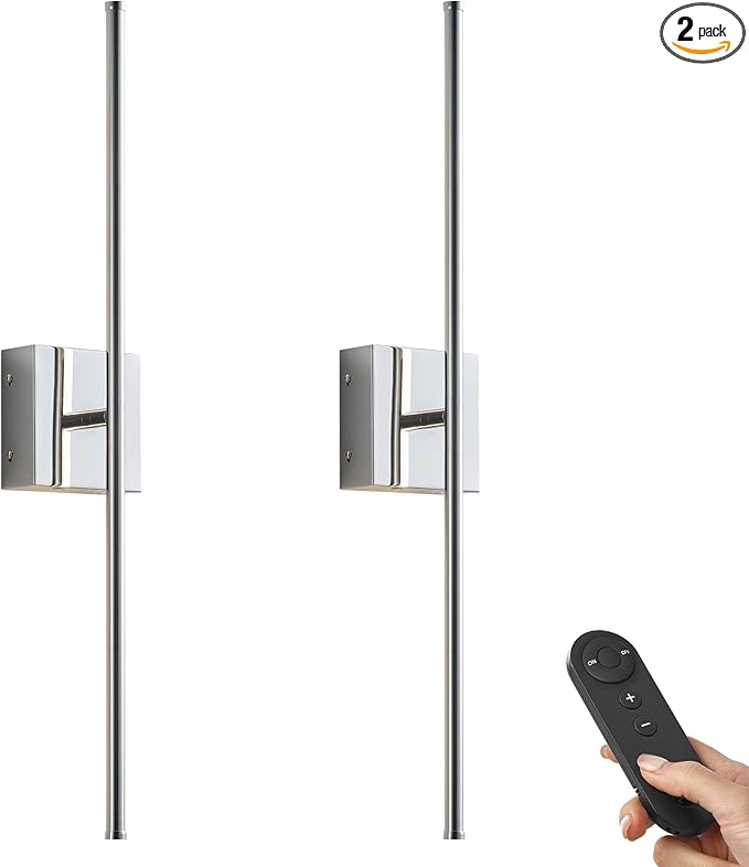 KARTOOSH 28.3 Inch Wall Sconces Battery Operated for Living Room Chrome | Rechargeable Wireless Wall Lamp Set of 2, 3000K Warm White Dimmable Wall Light Remote Control Indoor Lighting for Bedroom