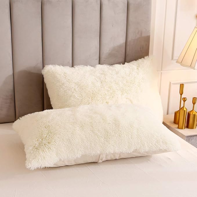 Faux Fur Velvet Fluffy Bedding Duvet Cover Set Down Comforter Quilt Cover with Pillow Shams, Ultra Soft Warm (Queen, Cream)
