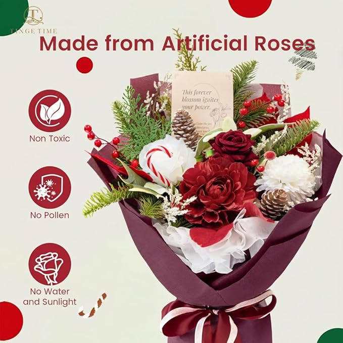 TINGE TIME Preserved Flowers Bouquet, Valentines Red Roses Faux Rose Bouquets, Artificial Flowers Poinsettia Faux Flowers, for Valentine Centerpiece Table Decoration Wedding Party