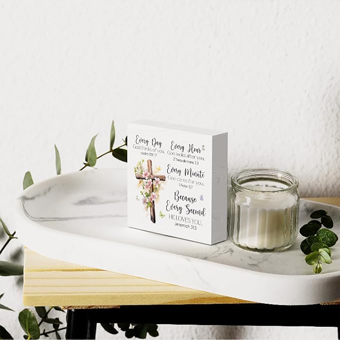 Every Day God Thinks Of You Wooden Box Sign Inspirational Cross Jesus Decor Prayers Religious Scripture Gifts for Women Men Mom Sister Friends Birthday Male Coworker 5 x 5 Inch