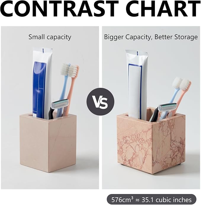 Real Luxurious Natural Marble Toothbrush Holder & Makeup Brush Organizer & Pen Holder for Desk,3.93inch Square Marble Utensil Holder Non-Ceramic/Non-Resin （Pink）