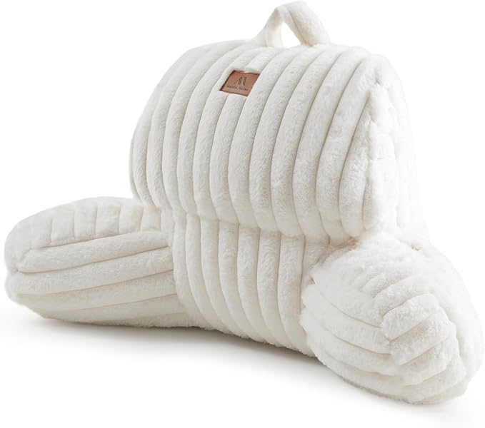 Amélie Home Faux Fur Reading Pillow with Pocket for Sitting in Bed, Kids Backrest Bed Pillow with Washable Cover for Lounging, Watching TV/Reading/Gaming/Resting/Post/Surgery/Nursing, Ivory 17 inches