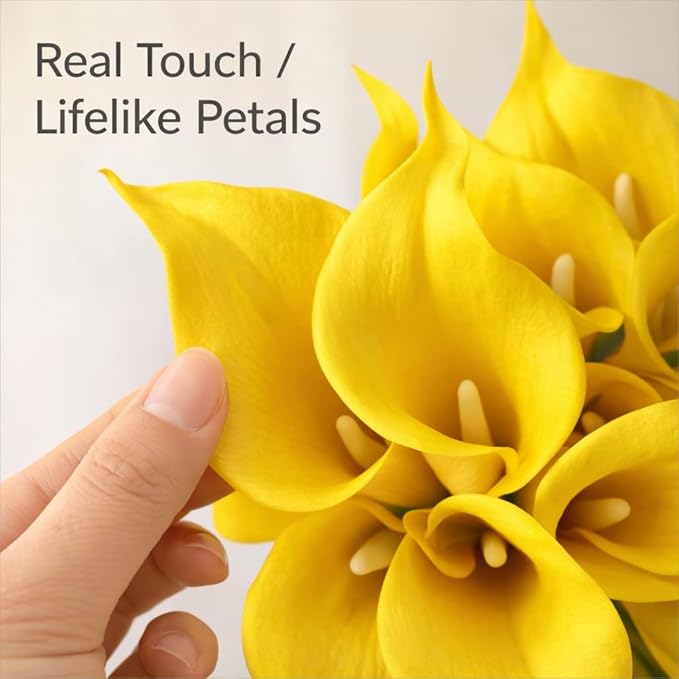 Floral Kingdom 20 Pack Artificial Calla Lily Flowers 14 Inch Yellow - Real Touch Latex Flowers for Home Decor, Kitchen Counters, Breakfast Nooks & Weddings