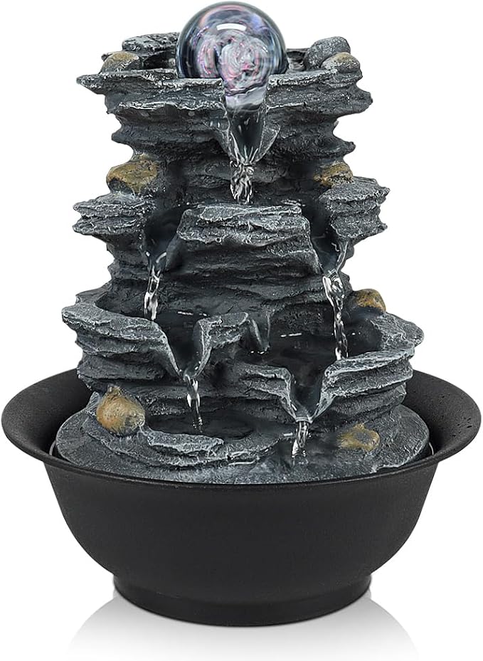 Tabletop Water Indoor Fountain Waterfall Indoor Water Fountains Feng Shui Zen Decorative Desktop Fountain with Colored Led Light and Spinning Ball for Room,Office(Style 1)