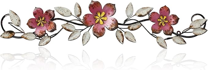 Wesiti Metal Flower Wall Decor Vintage Spring Metal Flower Wrought Iron Scroll Sculpture 15.7''x3.7'' Farmhouse Leaf Wall Decor with Nails for Spring Living Room Bedroom Indoor Outdoor (Pink)