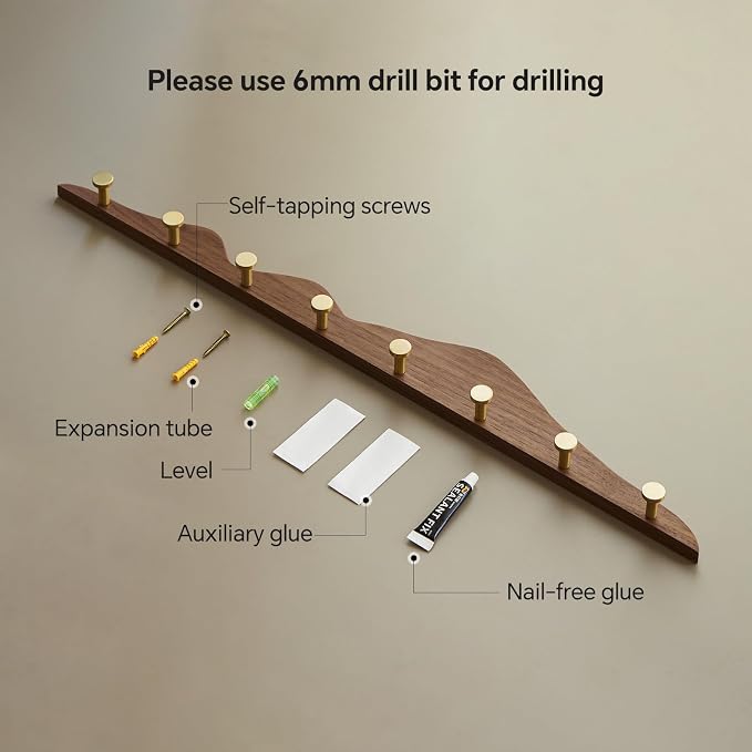 Elegant Wall Coat Rack with Hooks Walnut Wood Solid Coat Hanger Wall Mount with 8 Brass Hooks, Moisture-Resistant Wax Oil Finish for Home (Walnut, 8 Hooks)