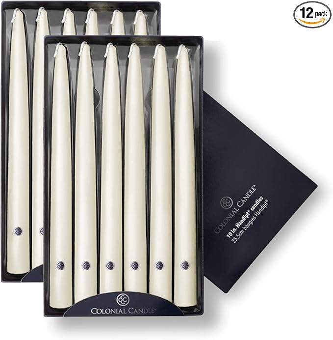 Colonial Candle Unscented Taper Candle, Handipt Collection, Ivory, 10 In, Pack of 12 - Up to 8 Hours Burn