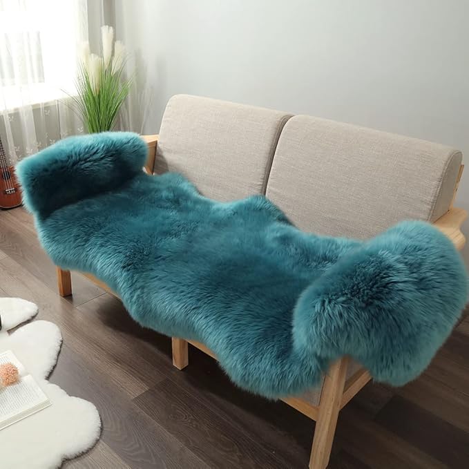 IRIWOOL Premium Genuine Fur Sheepskin Rug Real Australia Sheepskin Natural Luxury Fluffy Lambskin Fur Area Rug Seat Covers for Kids Bedroom Sofa Chair Cover (Dark Aquamarine, Double Pelt/2ft x 6ft)