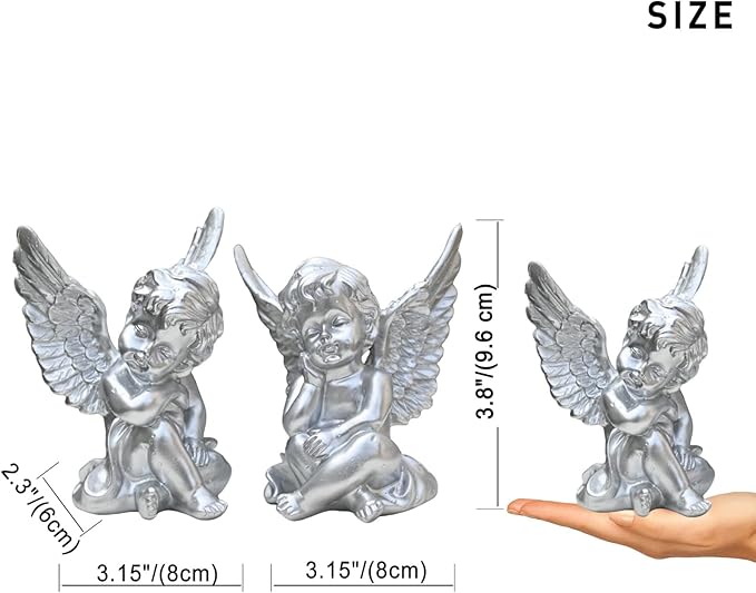 OwMell Set of 2 Cherubs Angels Resin Statue Figurine, Indoor Home Decoration, Adorable Angel Sculpture Memorial Statue 4" - Silver