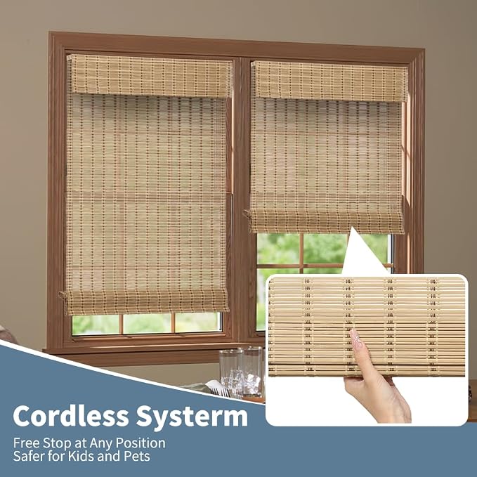 SMONTER Bamboo Roman Shades for Windows-Cordless Wooden Woven Blinds Light Filtering Bamboo Roll up Shades UV Protection and Easy Set up for Door and Countryhouse, 32" W x 64" H, Squirrel