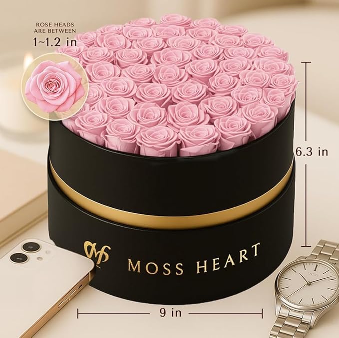 50 Petite Preserved Roses, Designer Round Box, Real Forever Roses Last 1+ Year, Premium Gift for Women, Wife, Girlfriend, Mother’s Day, Birthday, Anniversary, Valentine’s Day