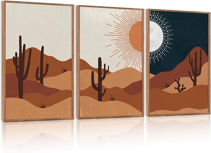 LHIUEM Boho Cactus Desert Abstract Sun Moon Framed Canvas Wall Art | Vintage Landscape Painting,Mid Century Southwestern Artwork for Living Room,Bedroom,Dining Room -16"x24"x3