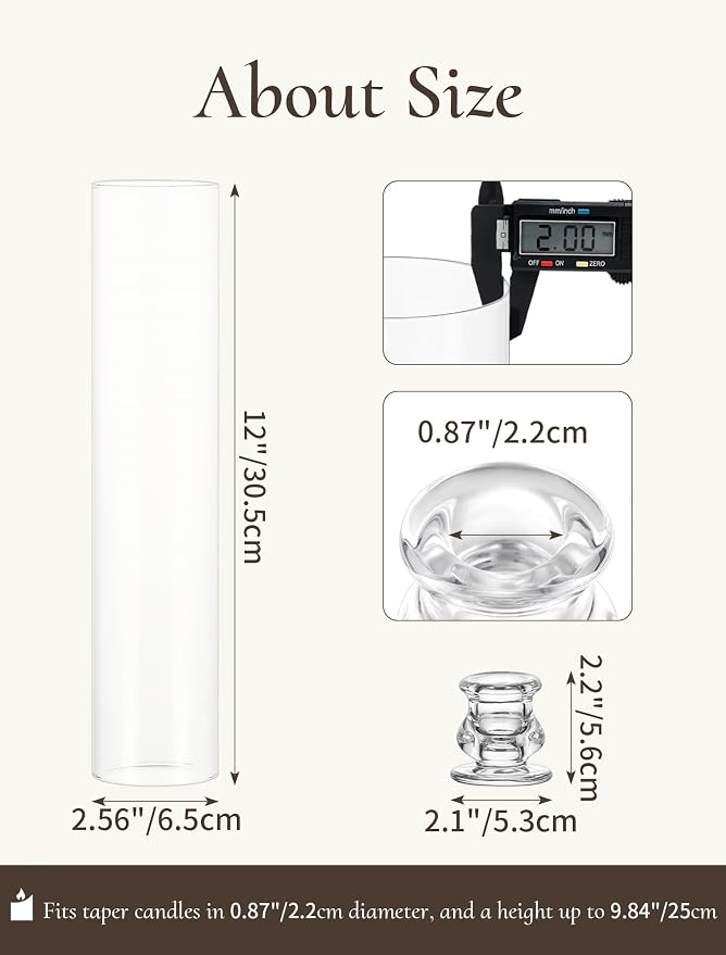 Glass Hurricane Candle Holder: 12" Tall Candlestick Holder Bulk with Cylinder Windproof Cover Set of 10 Clear Taper Candle Holders for Wedding Party Birthday Christmas Decor