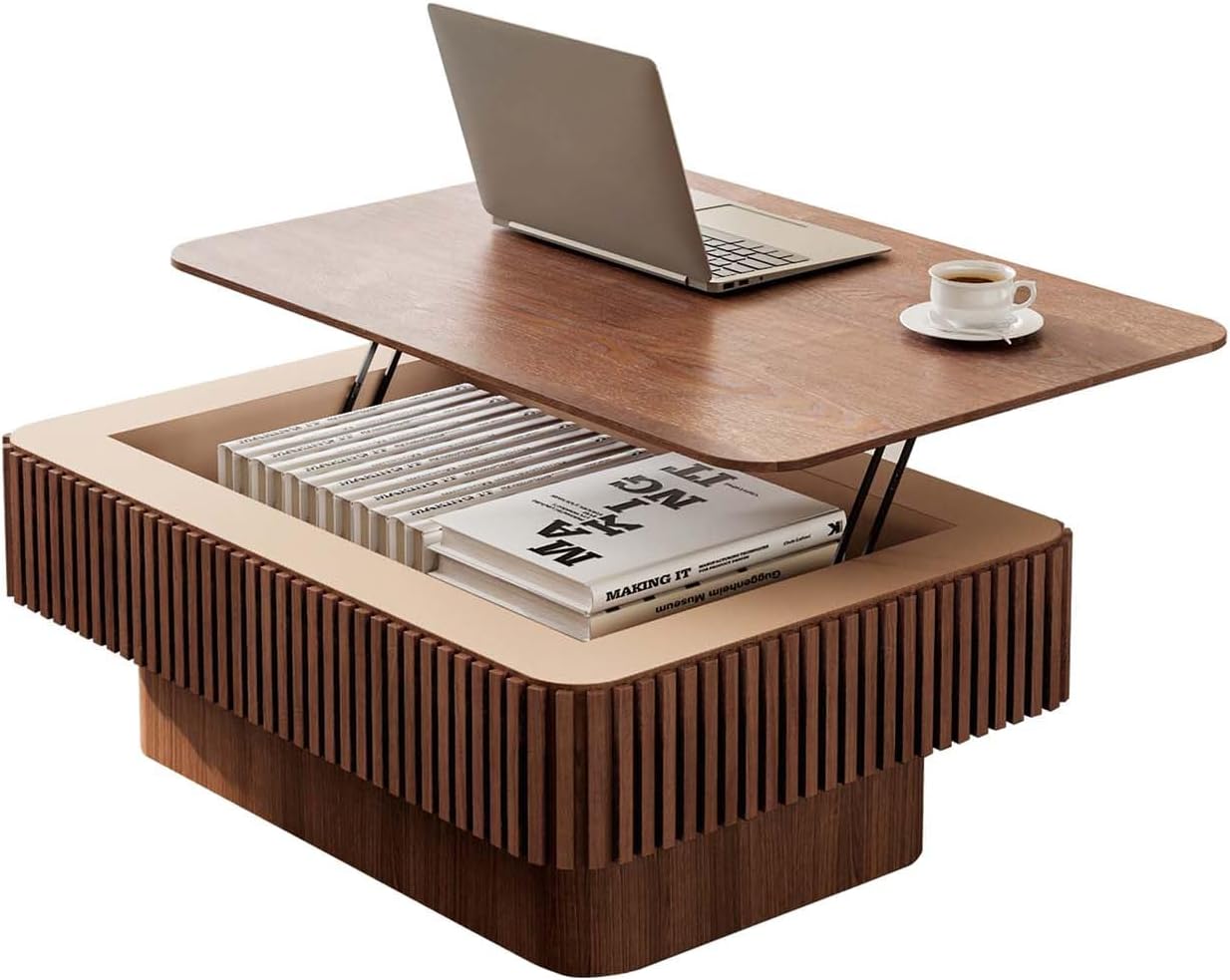 Lift Coffee Table with Storage & Adjustable Height, Solid Wood Coffee Table Fluted Center Table Accent Tea Table or Living Room, Apartment, Office (38.6" Walnut)