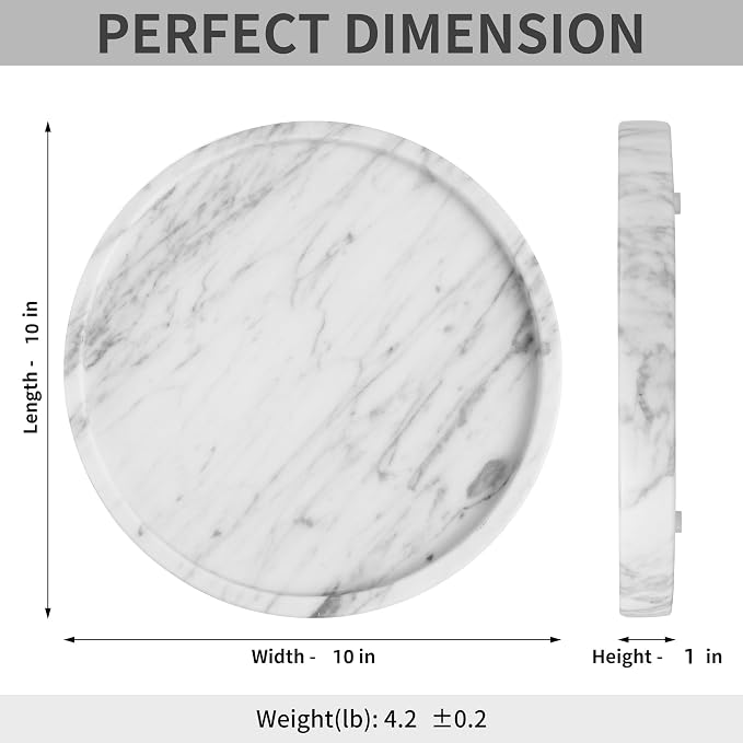 Decorative Round Marble Tray with Anti-Slip Pads, 10 Inches Diameter, Natural White Stone Vanity Organizer (Large)