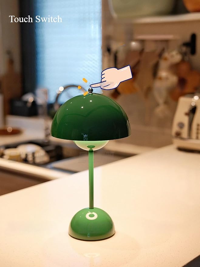 Modern Flower Bud Lamp 12" Cordless Touch Lamp Dimmable 2600mAh Rechargeable Desk Lamp Nordic Minimalist Mushroom Lamp Nightstand Bedside Lamp for Bedroom Living Room(Dark Green) No Reading Light