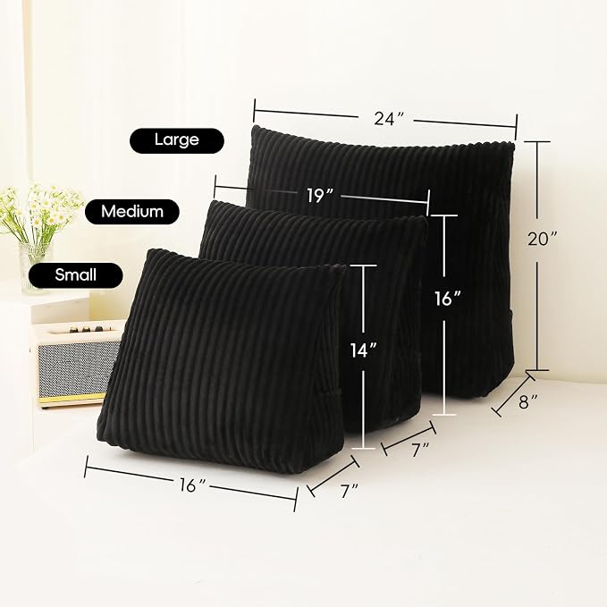 Corduroy Wedge Reading Pillow for Bed, 3 Sizes, 4 Colors for Bed, Sofa, Office Chair (Black, Small 16 * 14 * 7in)