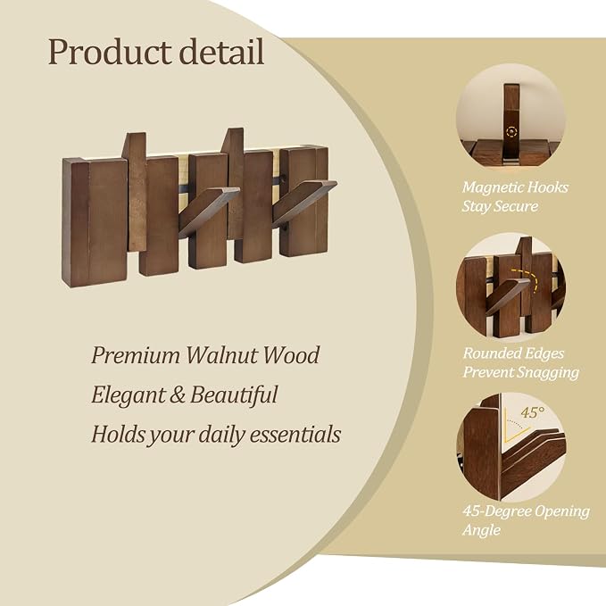 11.8" Wooden Piano Key Coat Rack Wall Mounted, 4 Hooks Natural Walnut Wall Coat Rack, Wall Mounted Coat Rack for Hanging Coats/Hats/Keys/Towels/Bags