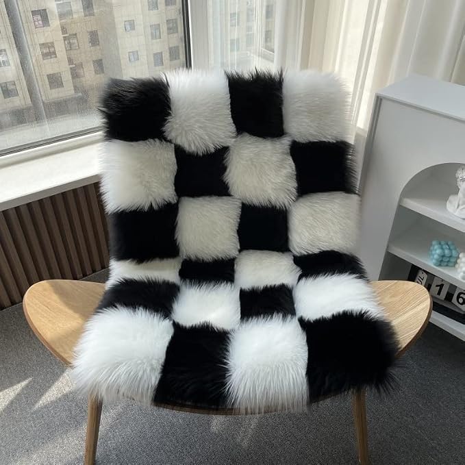 Faux Fur Black and White Checkered Rug, 2x3 Ft | Fluffy, Ultra Soft Shaggy Plush, For Bedroom Living Room Bedside Nursery Kids Room