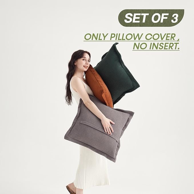 COCO TOP Pack of 3 Neutral Boho Decorative Throw Pillow Covers 18x18inch, Super Soft Textured Corduroy Pillow Covers Apartment Boho Room Decor for Couch Sofa Living Room Loung（Grey，Dark Green & Rust）