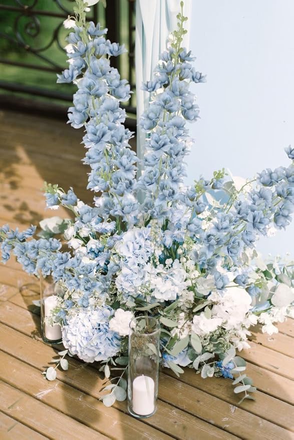 8PCS Dusty Blue Delphinium Artificial Flowers 33.5'' Faux Delphinium Stems Larkspur Silk Flowers for Wedding Table Centerpieces Home Garden Decor(Dusty Blue)