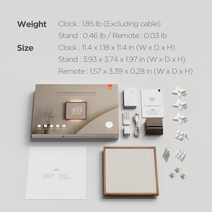 mooas Wooden Frame LED Silent Wall Clock with Remote, Backlit Nightlight, Modern Digital LED Wall Clock Display Sunrise Alarm Melody 5 Brightness for Bedroom Living Room (Wooden Frame Dark Brown)
