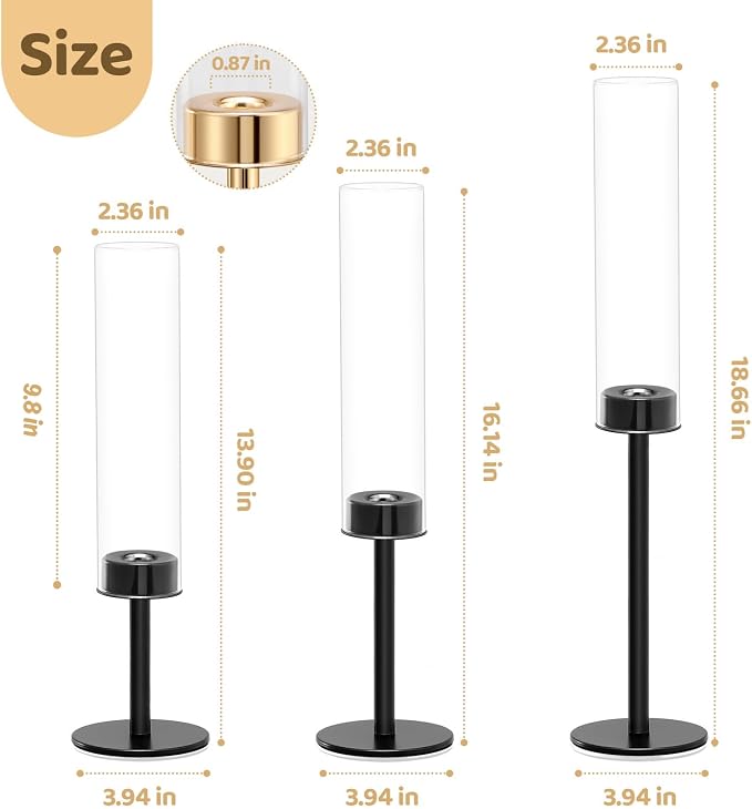 Black Hurricane Glass Candle Holders Set of 6 Tall Taper Candlestick Holder | Metal Candle Stick Holders, for Dining Dinner, Weddings, Christmas Fireplac Decorations, Table Centerpieces Decor