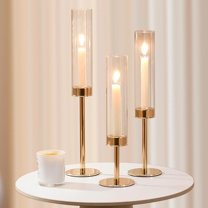 Gold Hurricane Glass Candle Holders Set of 3 Brass Taper Candlestick Holder | Windproof Flameless Candle Holder, Tall Candle Stick Holder, Table Centerpieces for Wedding, Christmas Party, Fireplace Decor