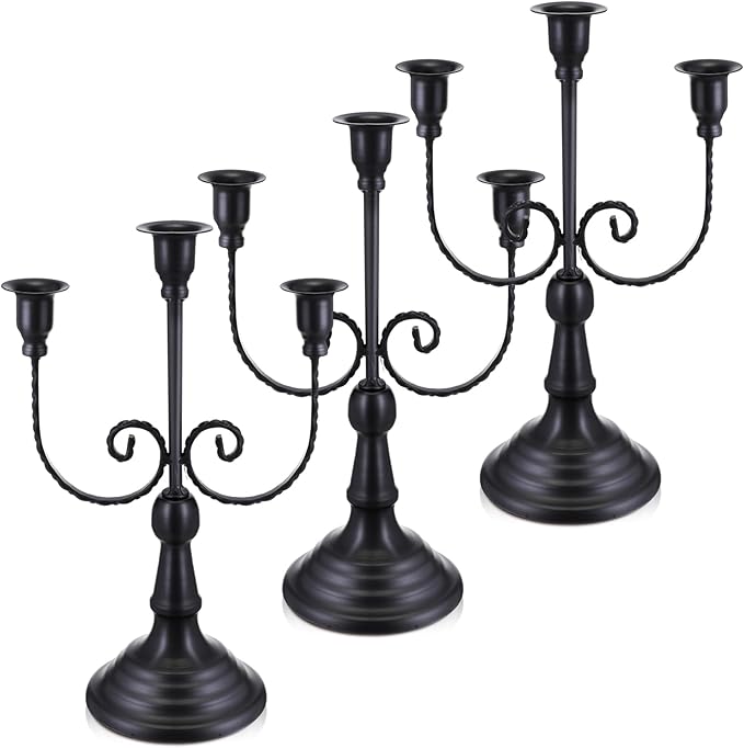 Dandat 3 Pcs 3 Arm Metal Candelabra Candlestick Holders Tall Candlestick Holders Gothic Candle Holder for Home Wedding Church Christmas Party(Retro,11.8 Inch,Black)