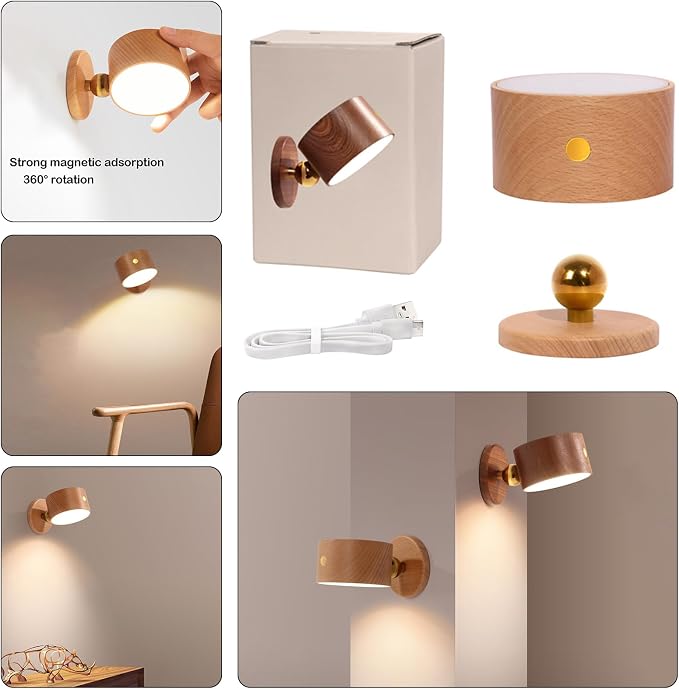 LANDGOO Wood Wall Sconce, Sapele Wood Magnetic 360° Rotatable Cordless Bedside Lamp Set, Rechargeable & Dimmable LED Lights with Touch Control, Wireless Wall Mount for Bedroom