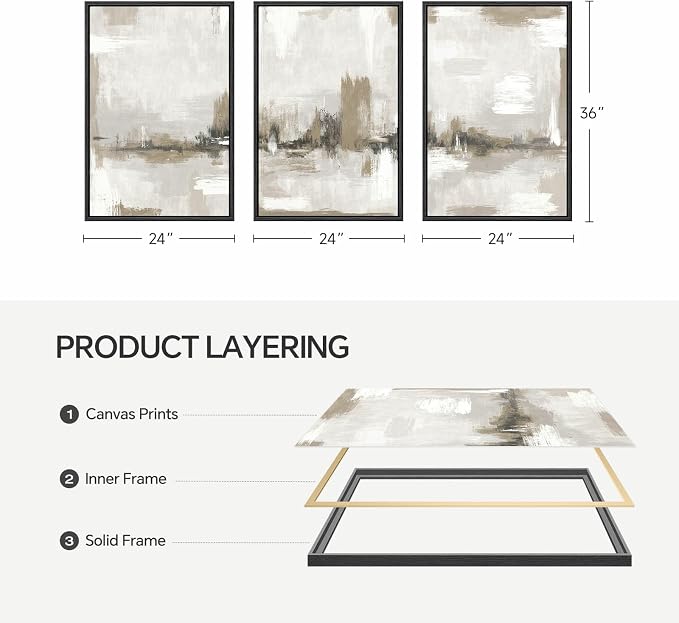 Large Framed Neutral Abstract Wall Art for Living Room, 3 Piece Gray Beige Canvas Artwork for Walls, Modern Minimalist Abstract Prints Paintings Pictures for Hallway Home Office Wall Decor, 24x36 In