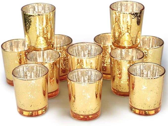 Volens Gold Votive Candle Holders Bulk, Mercury Glass Tealight Candle Holder Set of 12 for Wedding Decor and Home Decor