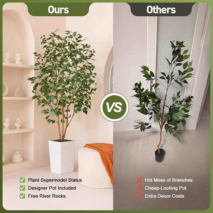 VeriNatural 6ft Artificial Ficus Tree-Tall Faux Tree with Pebbles & Planter UV Resistant Potted Fake Plant with Silk Leaves & Real Wood Trunk-Indoor Outdoor Floor Plant for Home,Living Room,VN129