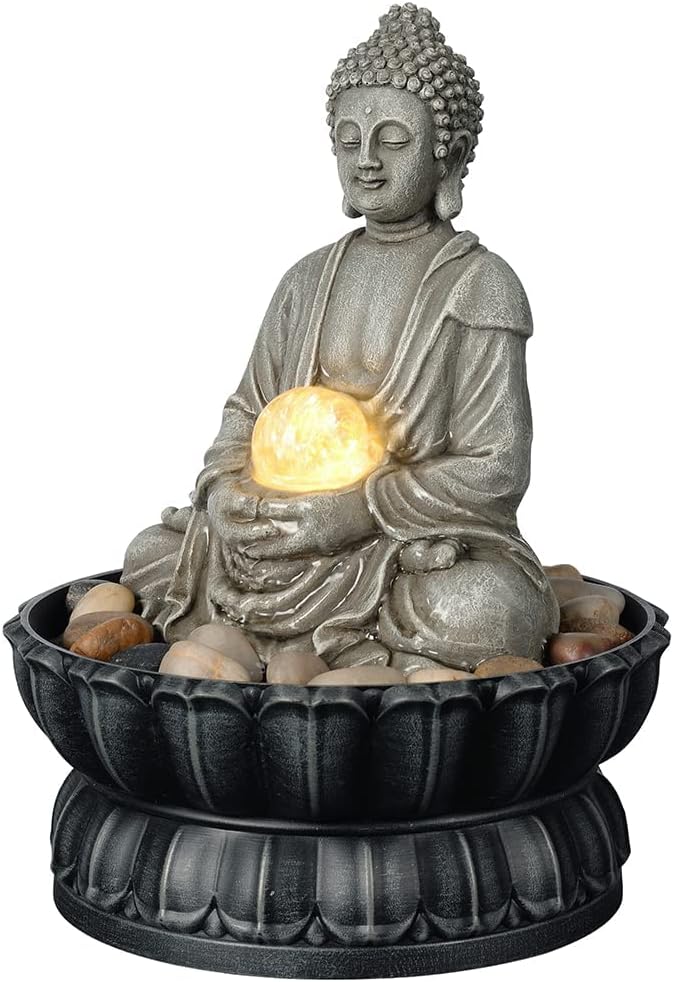 Kalona Tabletop Buddha Waterfall Fountain, Meditating Buddha Zen Fountain with LED Glass Orb, Relaxing Desk Water Feature for Home Office Decor(21127B)