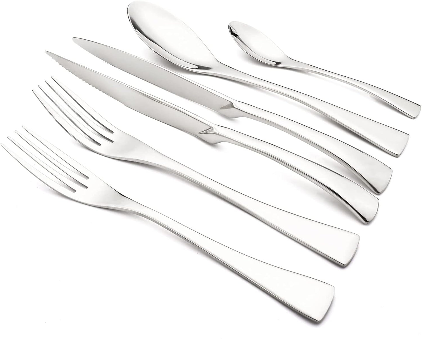 24-Piece Silver Flatware, Mirror 18/10 Stainless Steel Modern & Luxury Dinnerware Set With Serrated Steak Knife Teaspoon For Daily Use or Dinner Party Restaurant - Service For 4